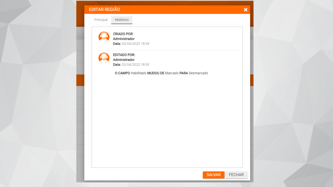 Histórico no cadastro de regiões