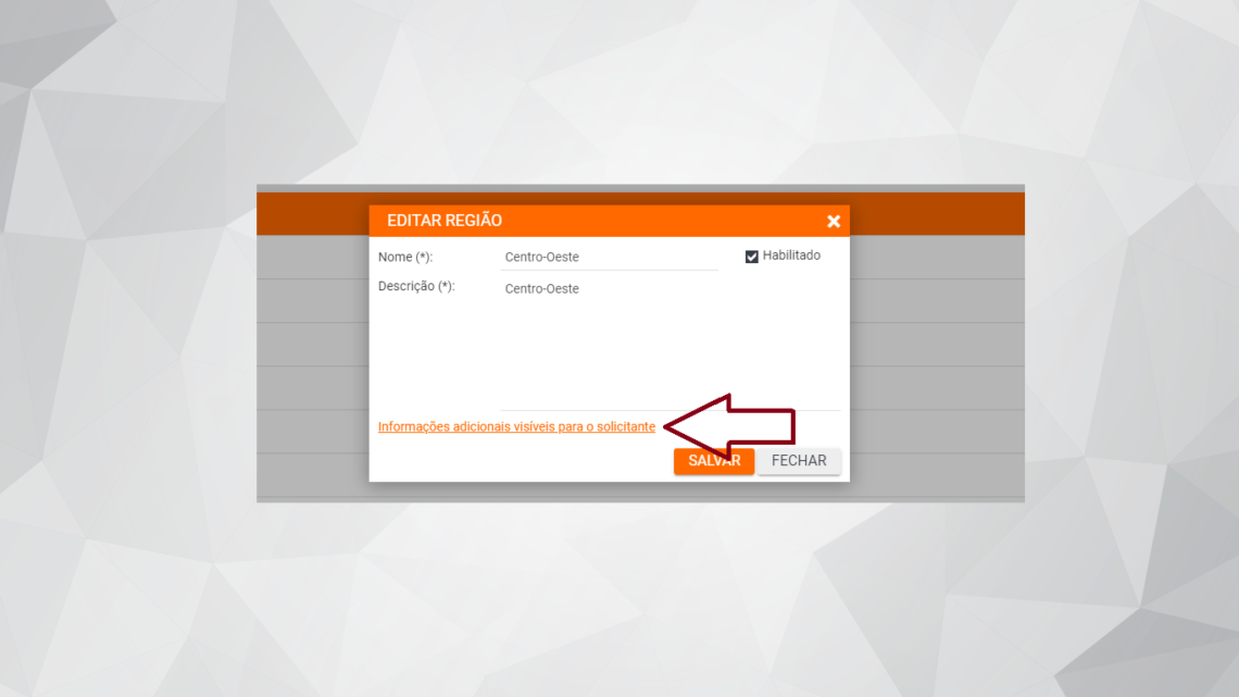 Cadastro de informações adicionais de Regiões